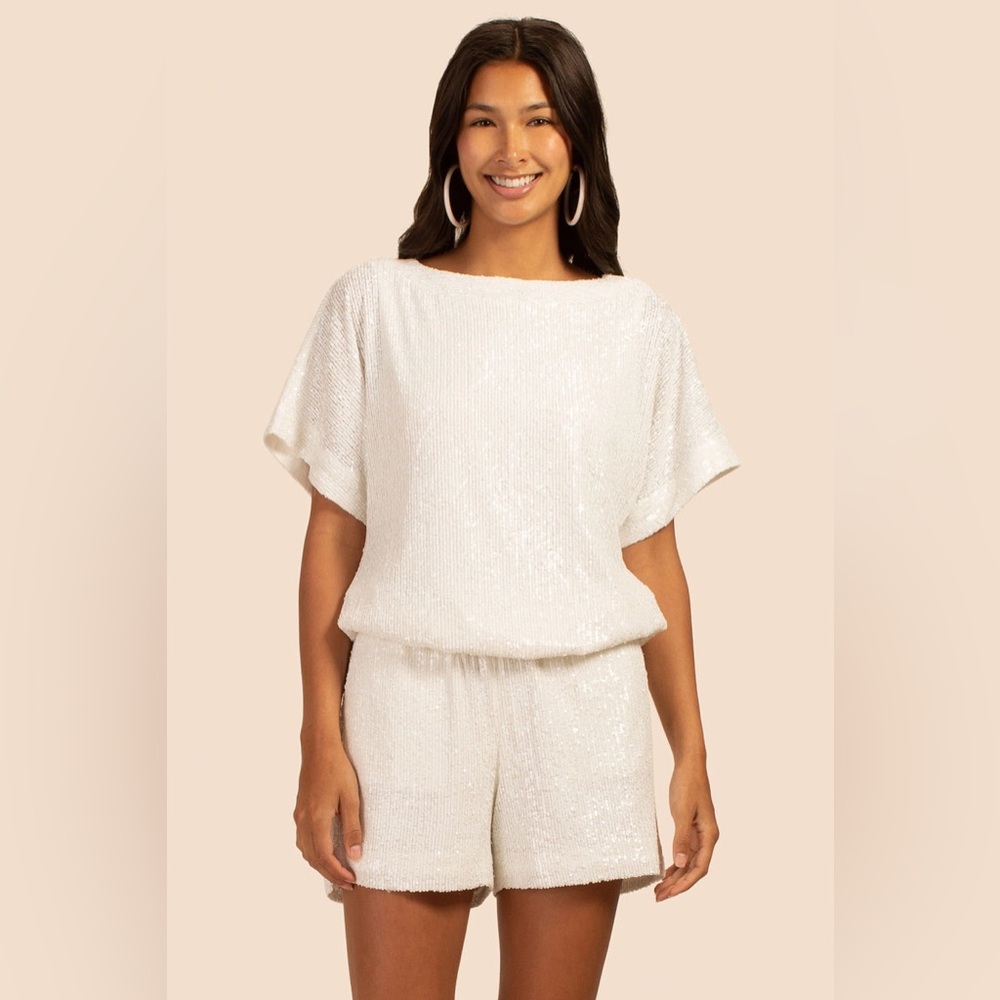 TRINA TURK sprite 2 top Formal Wedding Guest Short-Sleeve White Sequin Blouse 10
